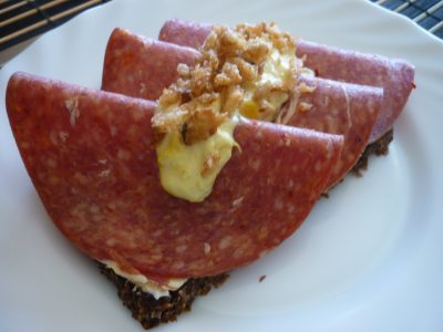 Danish open sandwich with Salami and Remulade.